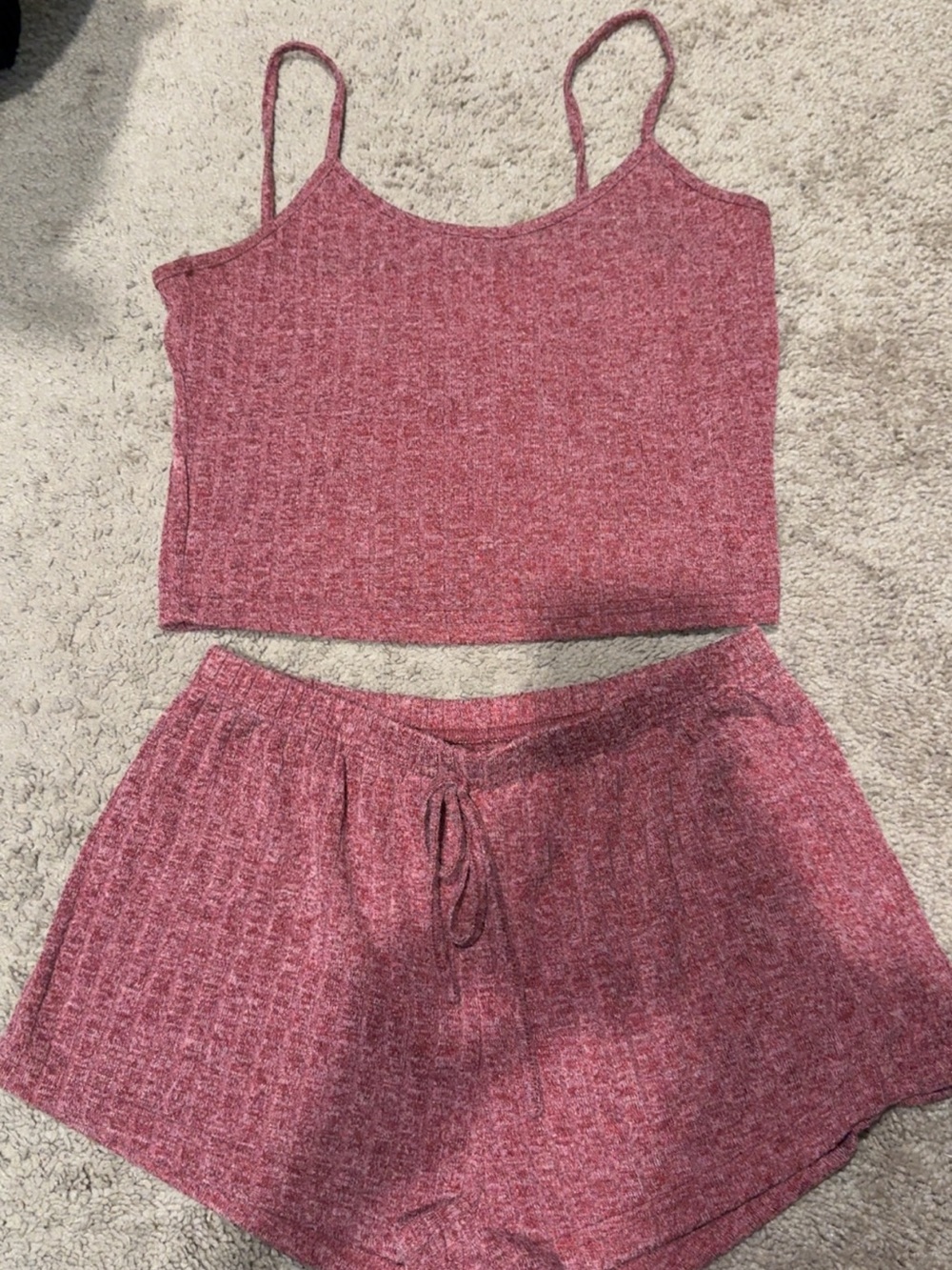 Cozy Ribbed Spaghetti Strap Crop Top & Shorts Set - Dusty Rose